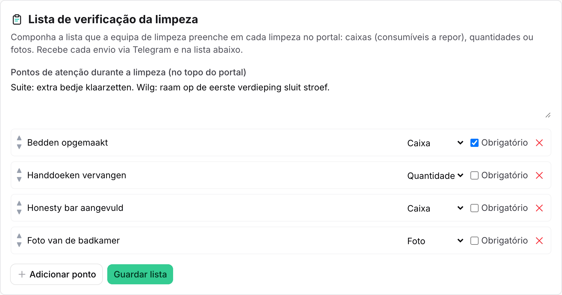 O bloco Lista de verificação da limpeza com pontos do tipo Caixa, Quantidade e Foto