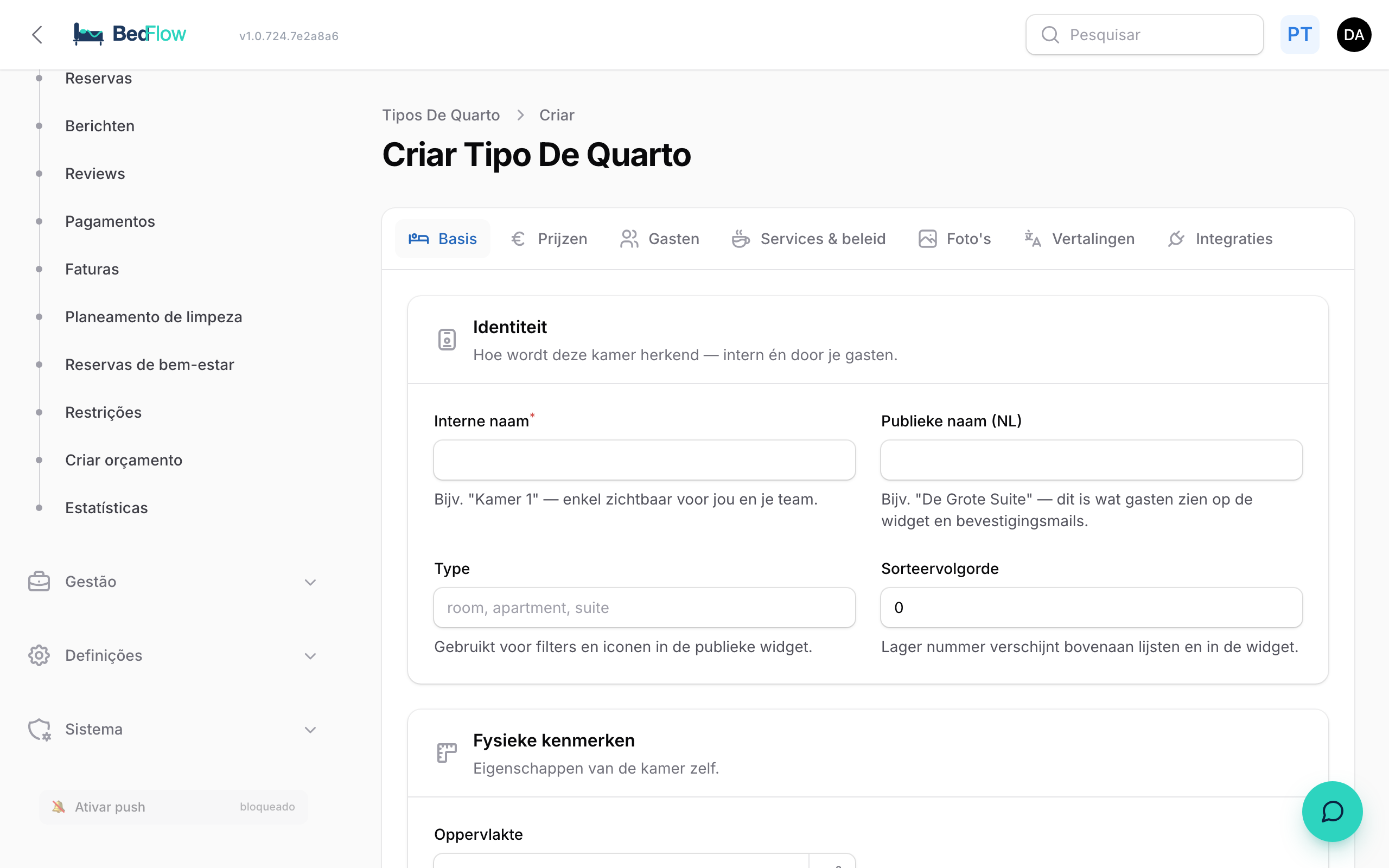 O formulário de criação de quarto