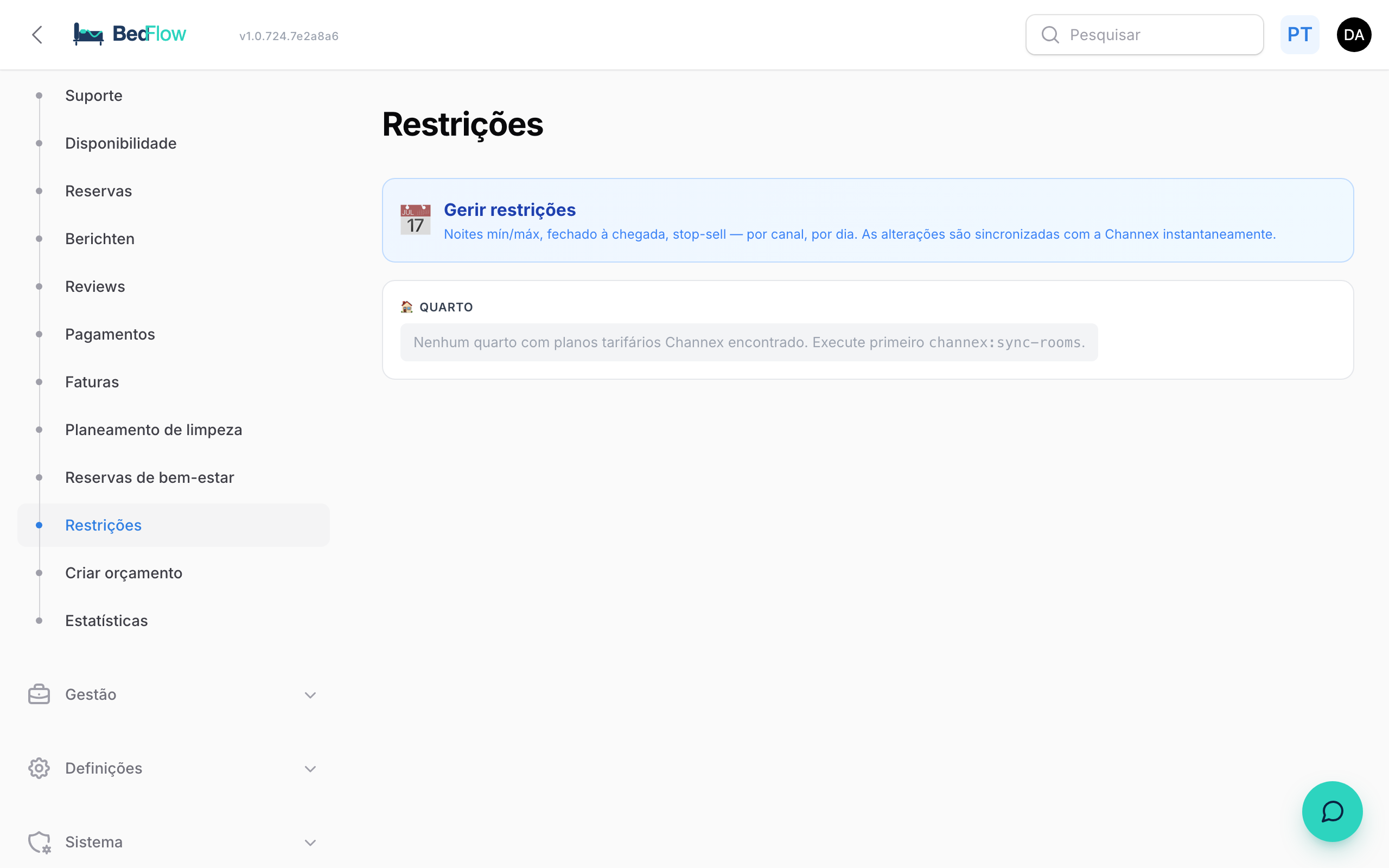 Painel de restrições com bloqueios por quarto e data