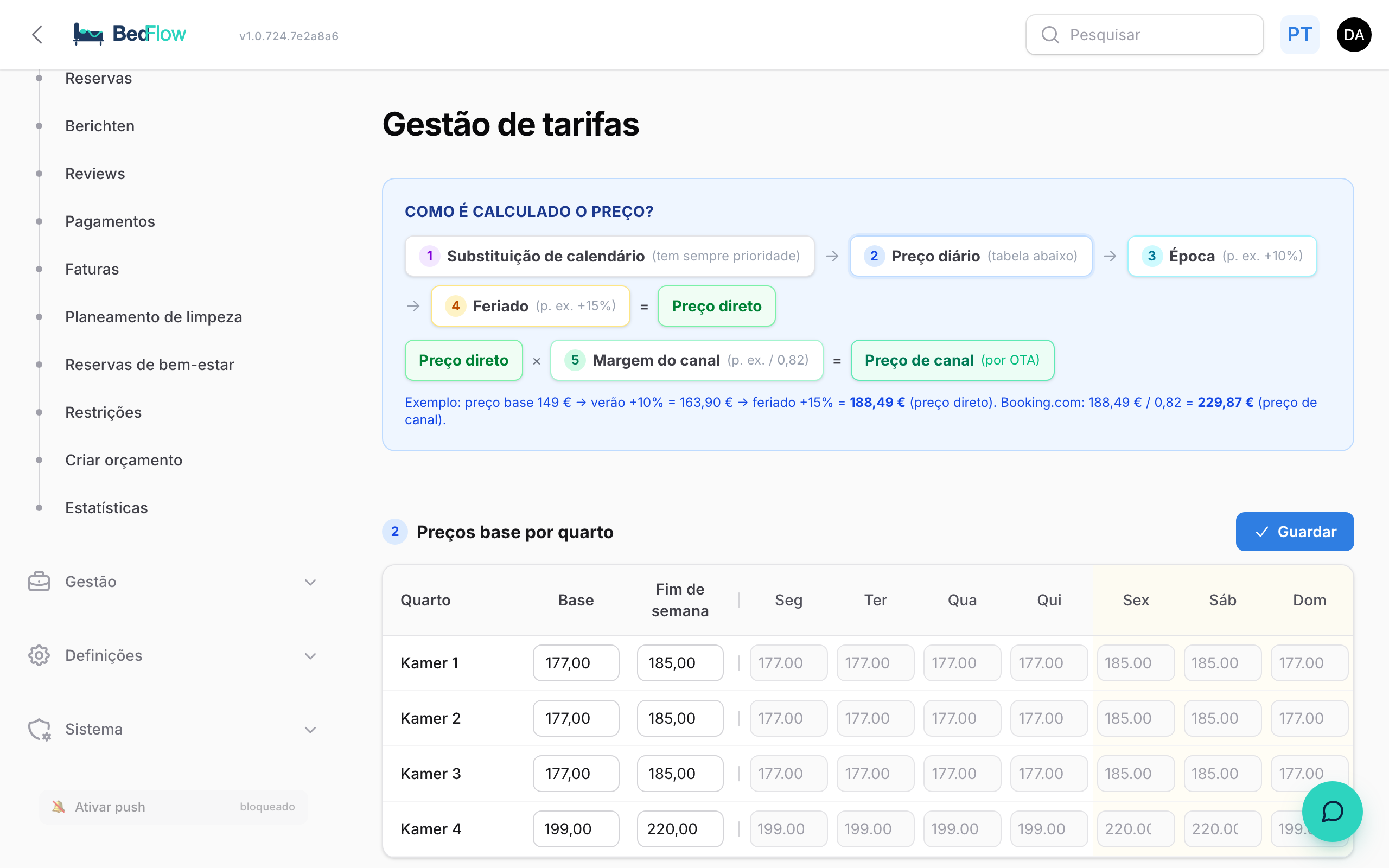 Visão geral das tarifas com preços base por quarto e dia da semana