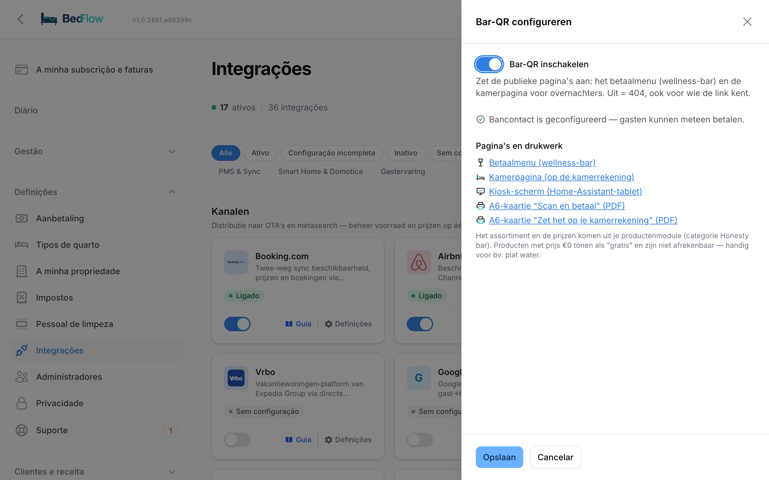 As definições do Bar-QR com os links para o menu de pagamento, a página do quarto, o ecrã de quiosque e os cartões