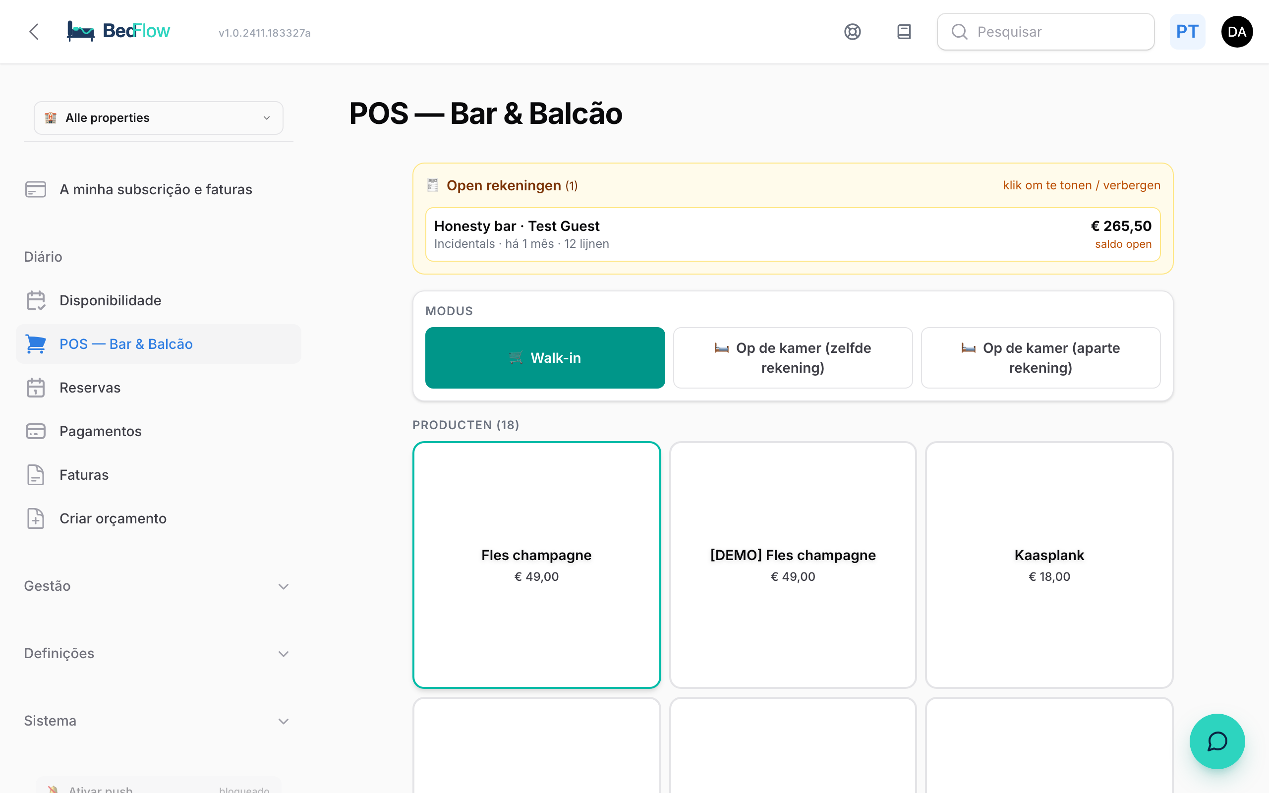 A página POS com contas abertas, seleção de modo e grelha de produtos