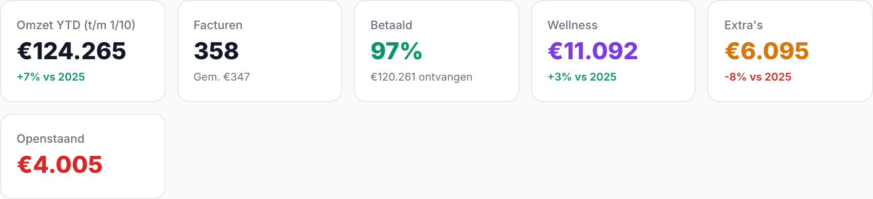 De zes kerncijfers: omzet, facturen, betaald, wellness, extra's en openstaand
