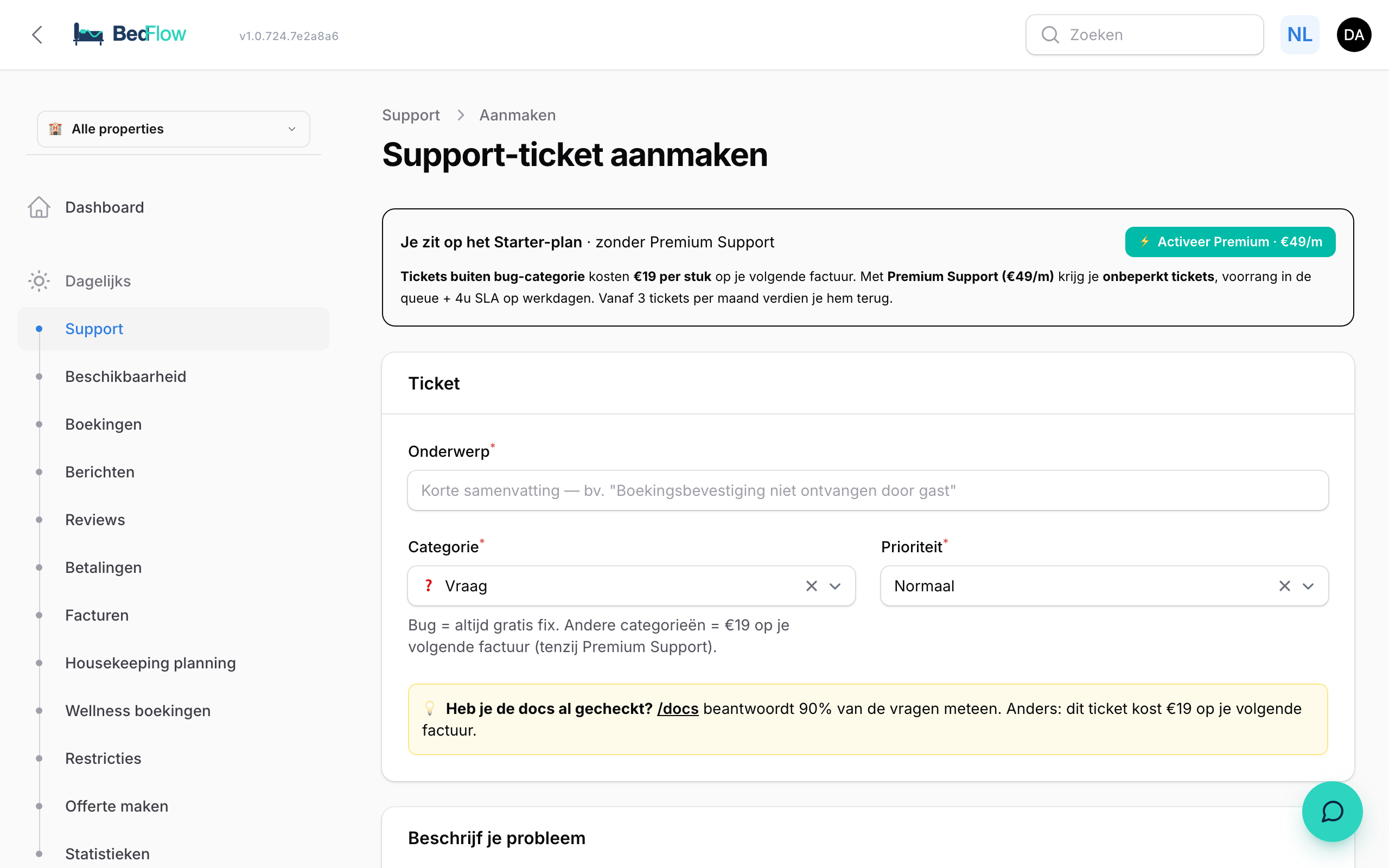 Het ticket-aanmaakformulier